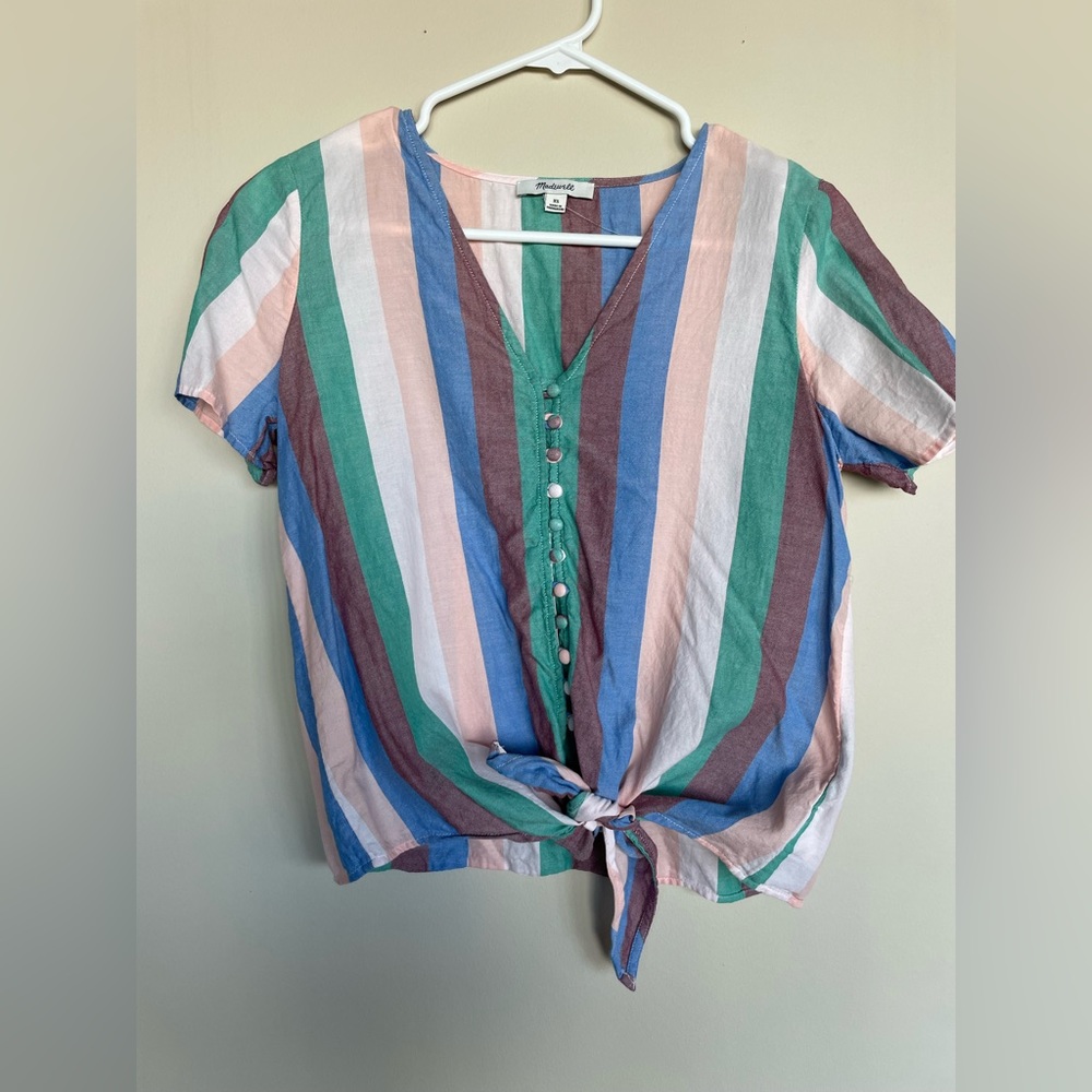Madewell Novel Tie Front Button Top In Flagstaff Stripe Cotton V-Neck